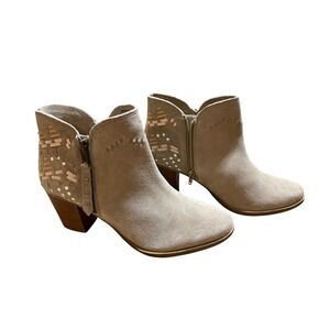 Naughty Monkey Suede Ankle Boots Taupe Tan Woven Heel Boho Booties NMLB0260 9.5